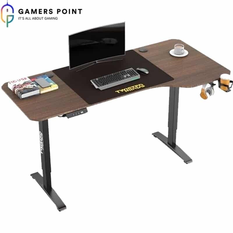 Twisted Minds T-Shaped Electric Gaming Desk, now available in Bahrain. Order now for -adjustable desk with a headphone hook, cup holder. Shop Now In Bahrain